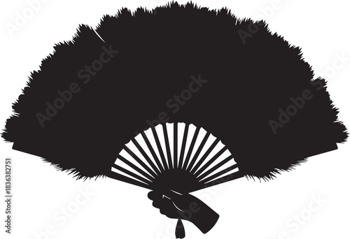 Elegant black silhouette of a traditional folding fan with tassel