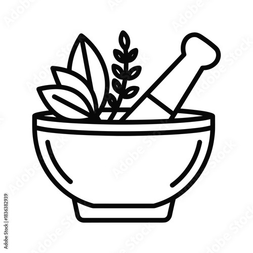 Mortar and Pestle with Herbs for Natural Medicine Icon