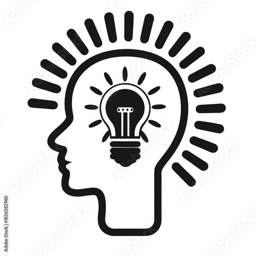 Black head silhouette with a light bulb inside surrounded by radiating lines portrays an idea