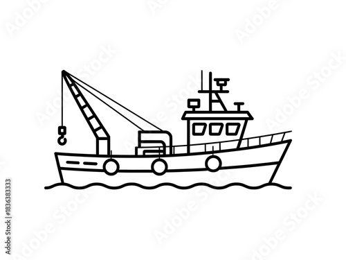 Outline fishing vessel with crane, simple vector illustration