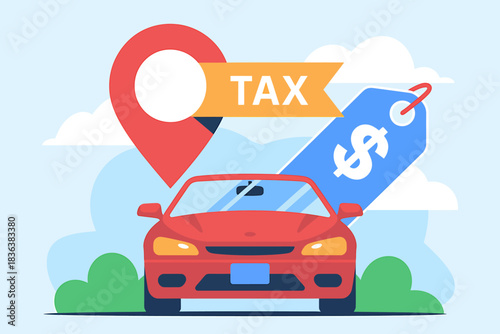 Automobile taxation and cost concept with red car illustration