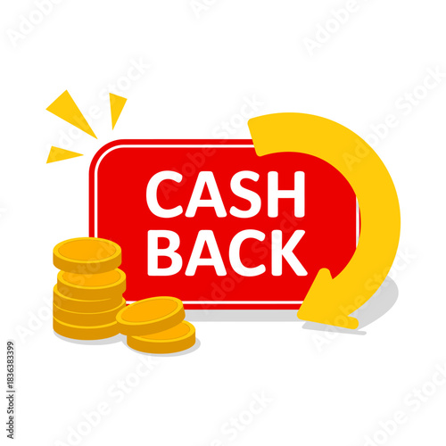 Cash back financial incentive design with gold coins and arrow
