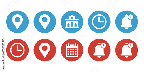 Interface icons: location, clock, notification, building, calendar