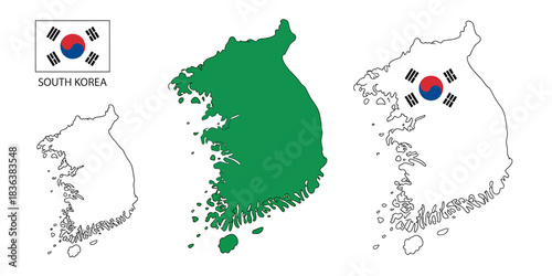 South korea map outline and flag vector design elements set