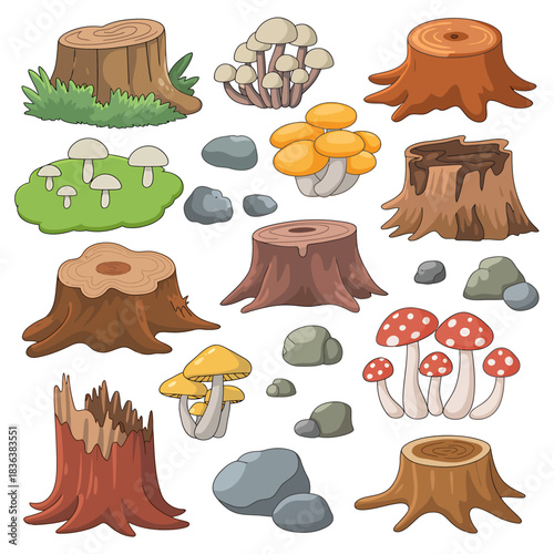 Cartoon forest elements: tree stumps, mushrooms, rocks on white