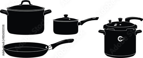 PrintSilhouette vector set of kitchen cookware including pots, pans, saucepan, frying pan, and pressure cooker for culinary design projects.