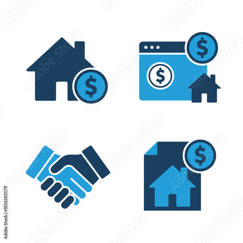 Real estate finance, property transactions, agreement, and online icons
