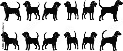 PrintBlack silhouette vector illustration set of standing dogs in various poses, perfect for pet, animal, logo, and design projects.