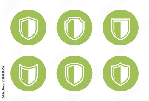 Defense, shield outline icon in green circle. Security protection symbol