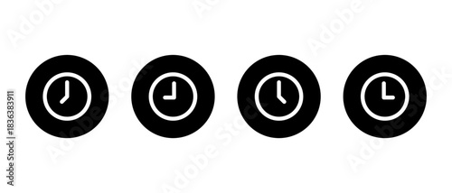 Simple analog clock and time icon set. Alarm, hour, and timer symbol in black circle
