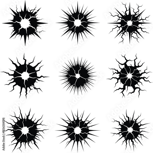 Nine black cracked starburst shapes on white background
