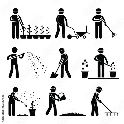 Black stick figures depict various gardening actions like planting, raking, watering, and using tools