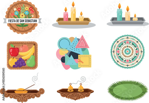 Collection of colorful cultural offerings and designs for celebrations