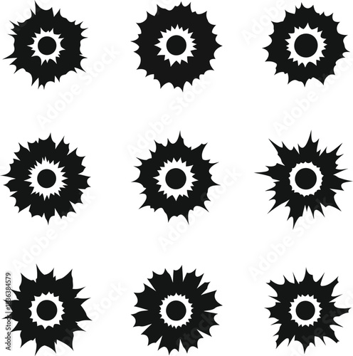 Nine black stylized bullet hole graphic elements gunshot
