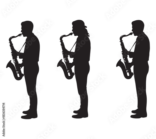  Three musicians playing saxophone in silhouette on white background silhouette