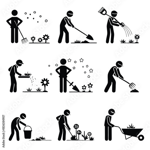 Black silhouette shows people gardening with tools in a black and white minimalist design