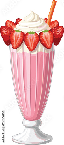 Vector illustration of a pink strawberry milkshake topped with whipped cream and fresh strawberries in a tall glass dessert cup.