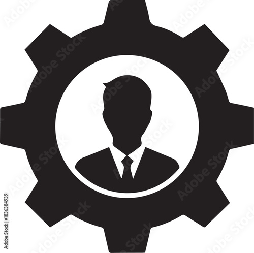 Business person inside gear wheel icon representing human resources and management