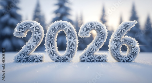 Icy numbers 2026 covered in detailed snowflakes standing in the snow with a backdrop of a frosty winter pine forest at sunrise
