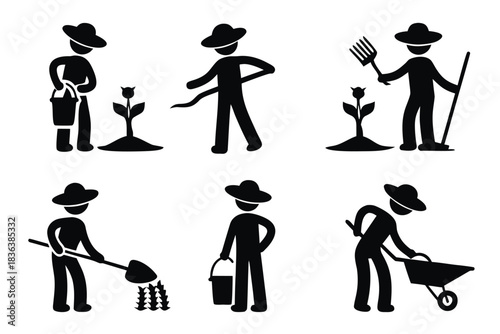 Black stick figure set showcases various gardening actions with a hat and basic gardening tools