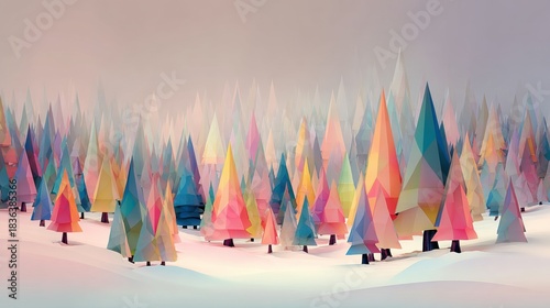 Colorful Abstract Trees Fill a Winter Forest Scene Featuring Various Sizes and Shapes on a Snowy Ground in Cold Weather During Winter