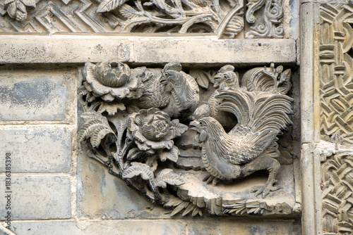 The exquisite brick carvings on the flower Theatre archway in Bozhou City, Anhui Province, China. The Flower Theatre was first built in the Qing Dynasty.