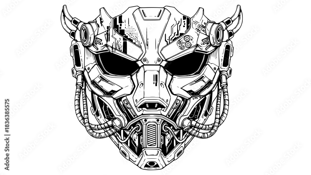 Fototapeta premium Futuristic cyberpunk mask, mechanical details, abstract tech patterns, black and white vector, isolated