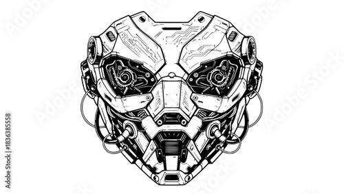 Futuristic cyberpunk mask, mechanical details, abstract tech patterns, black and white vector, isolated
