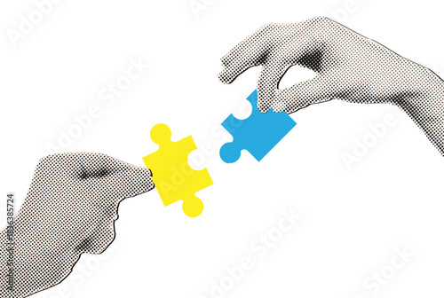 Trendy halftone collage hands putting puzzle pieces together,teamwork,business idea,decision concept