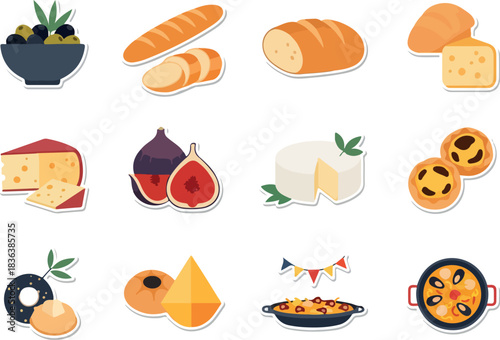 European Food Icons Set Olives, Bread, Cheese, Figs, and Paella