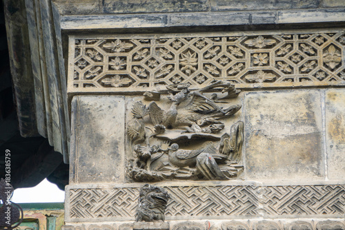 The exquisite brick carvings on the flower Theatre archway in Bozhou City, Anhui Province, China. The Flower Theatre was first built in the Qing Dynasty.