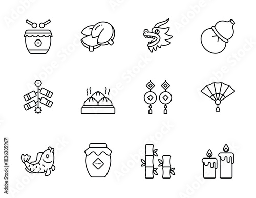 Chinese New Year Line Icons Set. Lunar Celebration, Firework, Lantern, Traditional Costume, Coin Ornament, Incense, Firecrackers, Fan, and Asian Culture Outline Vector Collection