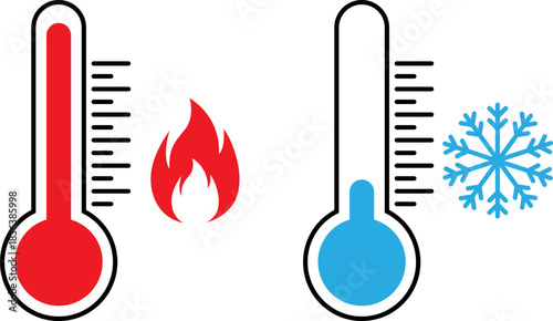Thermometers showing hot and cold temperatures with symbols