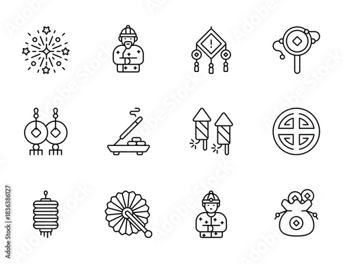 Chinese New Year Line Icons Set. Lunar Celebration, Firework, Lantern, Traditional Costume, Coin Ornament, Incense, and Asian Culture Outline Vector Collection