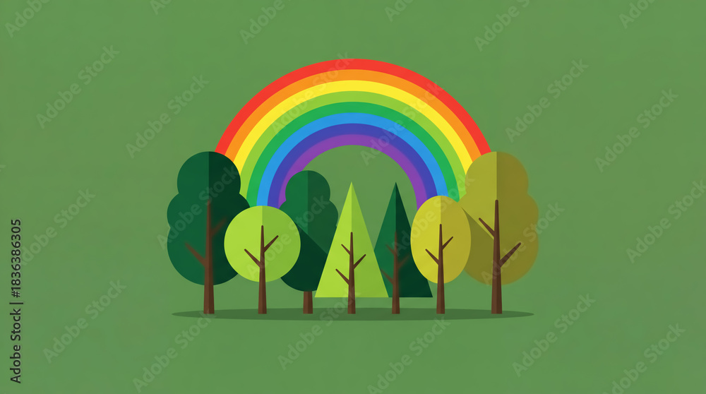 Naklejka premium Landscape of flat illustration with trees and rainbow. Environment and ecology concept