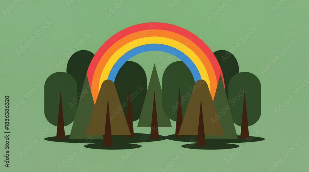 Naklejka premium Landscape of flat illustration with trees and rainbow. Environment and ecology concept