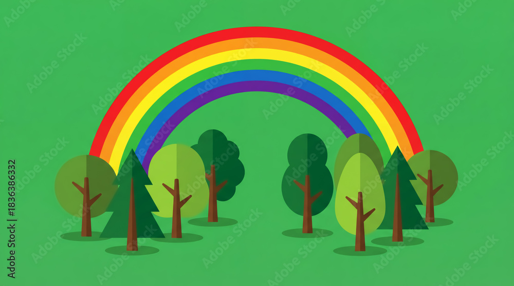 Naklejka premium Landscape of flat illustration with trees and rainbow. Environment and ecology concept