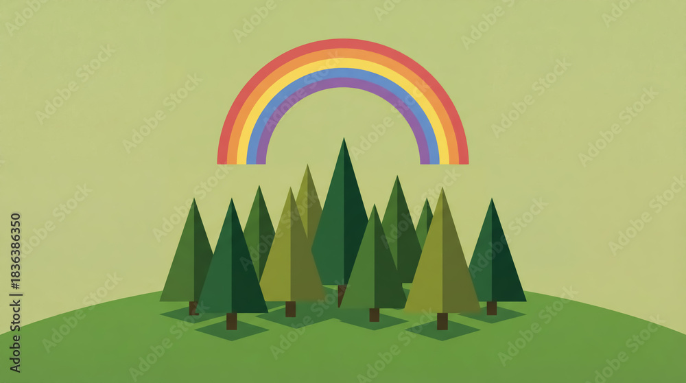 Naklejka premium Landscape of flat illustration with trees and rainbow. Environment and ecology concept