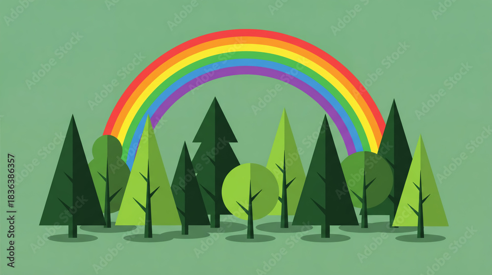 Naklejka premium Landscape of flat illustration with trees and rainbow. Environment and ecology concept