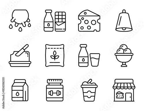 Dairy Products Line Icons Set. Milk, Cheese, Butter, Ice Cream, Protein Powder, Cow Udder, and Grocery Store Outline Vector Collection. Farm Food and Beverage Thin Line Set
