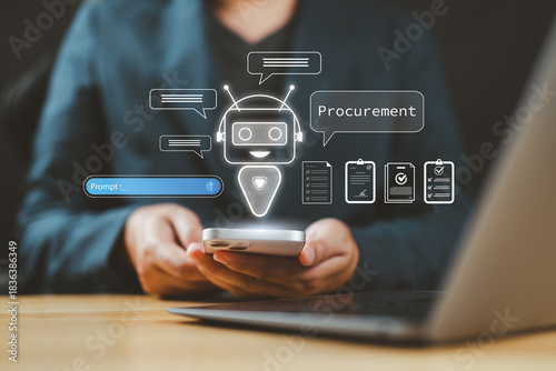 Bilde på lerret AI-powered procurement system with chatbot and digital invoice icons on a mobile device, representing automated B2B purchasing and modern mobile supply chain management solutions