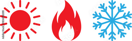 Sun flame and snowflake icons representing heat cold and fire