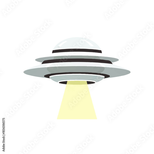 Cartoon UFO Flying Saucer with Bright Light Beam.
