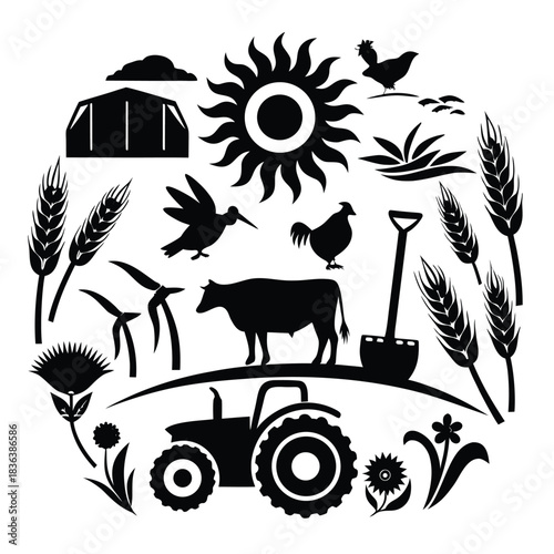 Black silhouette features tractor, sun, crops, animals and more representing agriculture elements in a circle