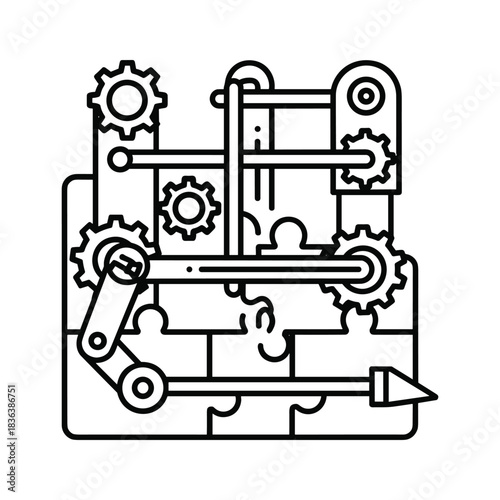 Complex System Mechanism with Gears, Levers, and Puzzle Pieces