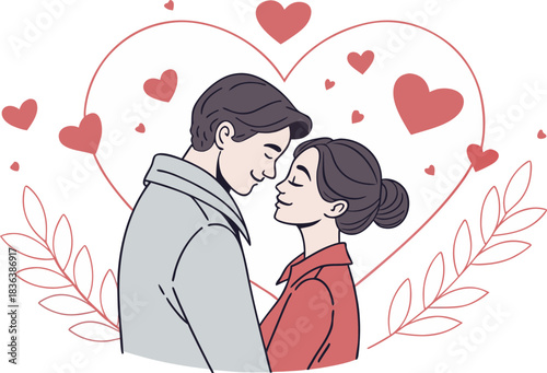 Young couple expressing tender love, surrounded by hearts and leaves