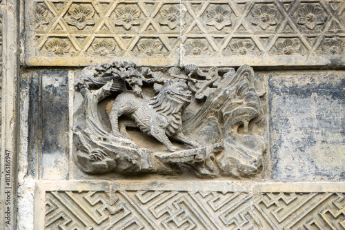 The exquisite brick carvings on the flower Theatre archway in Bozhou City, Anhui Province, China. The Flower Theatre was first built in the Qing Dynasty.