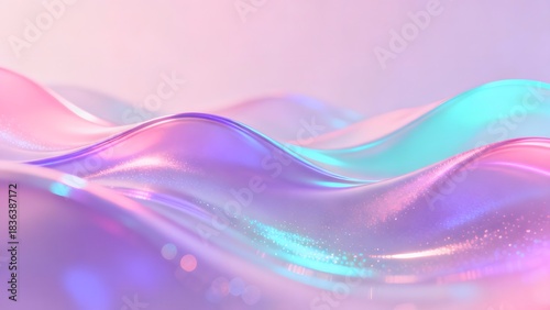 Abstract iridescent waves with a pastel color palette and glossy reflections in a smooth surface