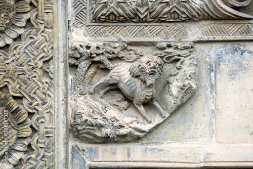 The exquisite brick carvings on the flower Theatre archway in Bozhou City, Anhui Province, China. The Flower Theatre was first built in the Qing Dynasty.