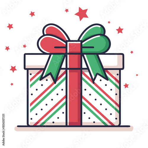 Cartoon Christmas Gift Box with Red and Green Ribbon
